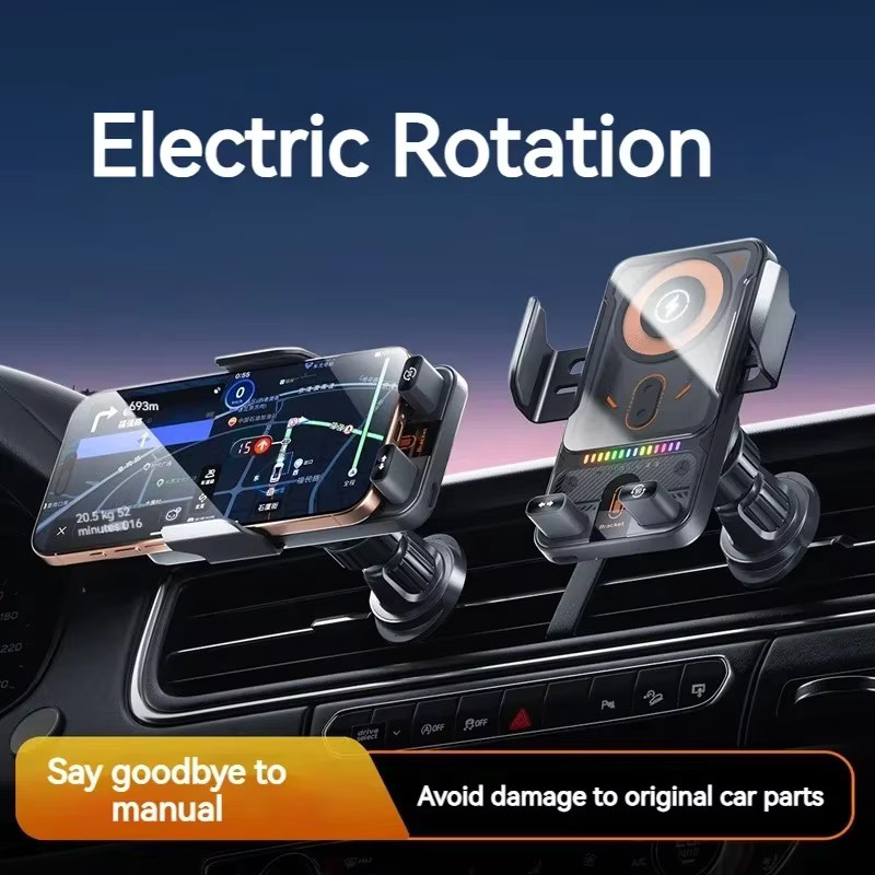 VIKEFON Auto Drahtlose Ladestation mit Auto-Clamping und 360 Grad Rotation, RGB Schnellladehalterung für iPhone 12-17 und Samsung, Schwarz/Multicolor - Bild 2