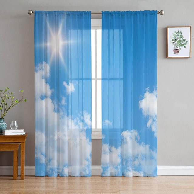 Super Six Transparente Tüllvorhänge mit Blauer Himmel und Weiße Wolken Motiv, Farbe: Blau, Weiß, Transparent, Breite: 135 cm, Höhe: 114 cm - Bild 1