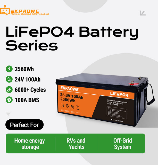 EKPAOWE LiFePO4 Batterie mit BMS für Wohnmobil, Boot und Solar, 24V 100Ah oder 12V 100Ah, Grade A Zellen mit über 6000 Zyklen - Bild 1