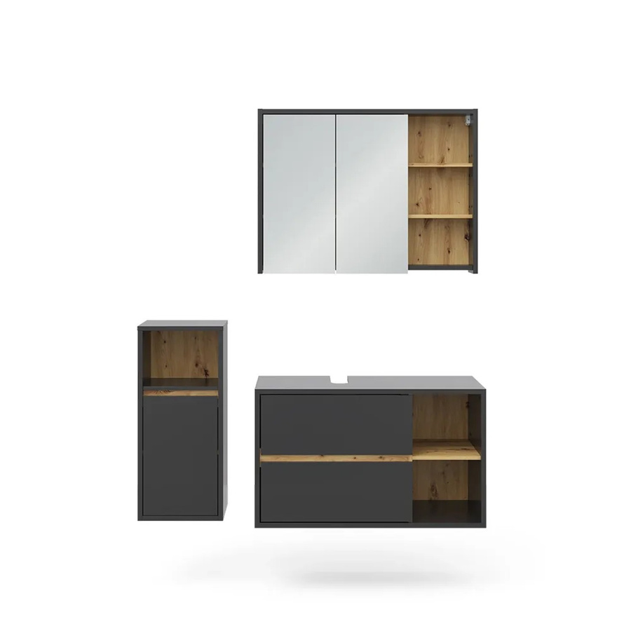 Vicco Badmöbel-Set Viola in Anthrazit und Eiche, 3-teiliges Badezimmer-Set mit Spiegelschrank, Waschtischunterschrank und Midischrank - Bild 3