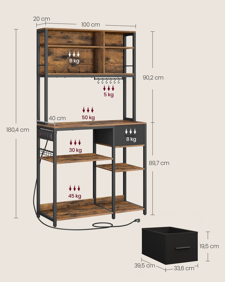 VASAGLE Küchenregal in Braun mit Steckdosen und verstellbaren Ablagen, Standregal mit Stoffschublade, B/T/H: 40 x 100 x 180,4 cm - Bild 5
