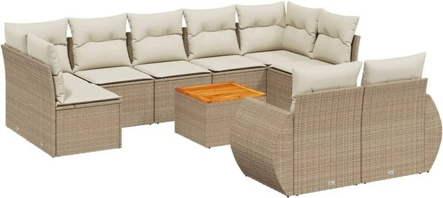 vidaXL 10-teilige Garten-Sofagarnitur in U-Form aus Poly-Rattan und Akazienholz mit Kissen in Beige und Cremeweiß - Bild 1