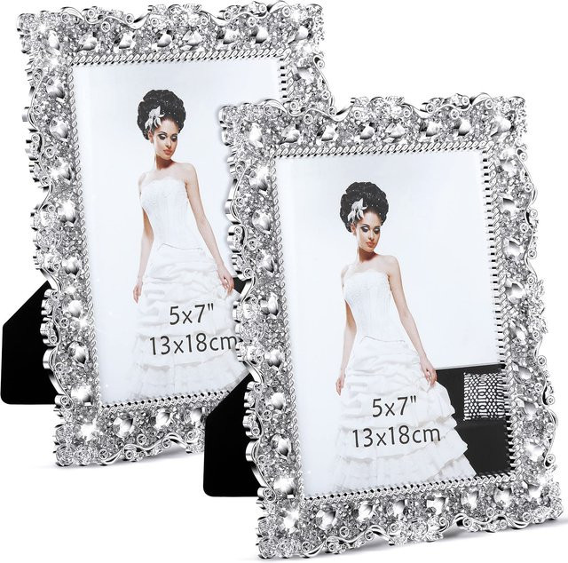 JIUSHU 2er-Pack Fotorahmen mit Kristalldekoration in Silber, rechteckige Desktop-Fotorahmen für Hochzeit und Dekoration, 17,78 x 17,78 cm - Bild 1