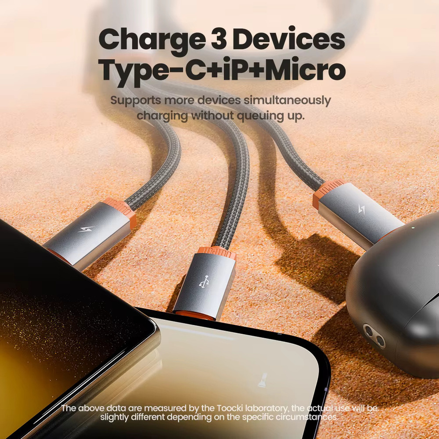 Toocki 3-in-1 USB-Multikabel mit USB-A auf USB-C und Lightning für schnelles Laden, Orange - Bild 4