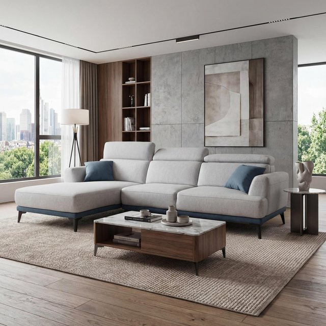MCW Ecksofa G44 L-Form 3-Sitzer in Hellgrau mit verstellbaren Rückenlehnen und Schlaffunktion, linksseitig, Breite: 277 cm - Bild 1
