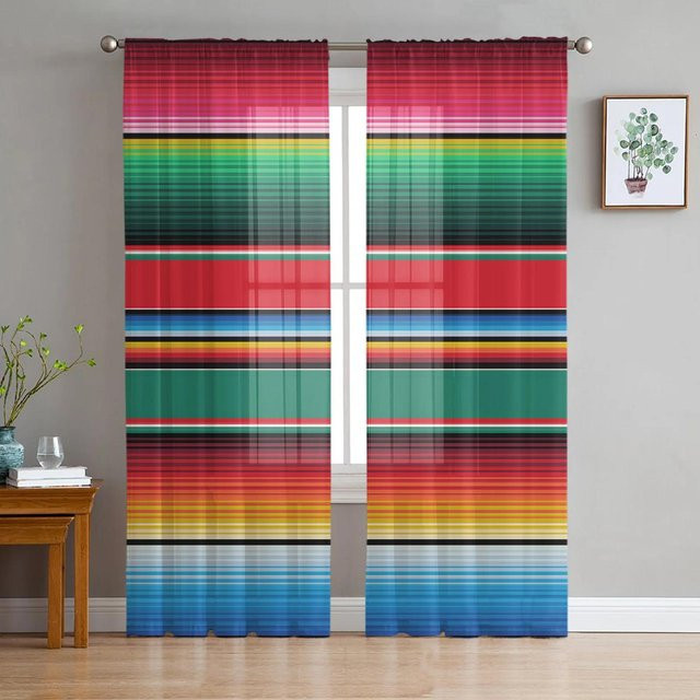 Yiran Furniture Transparenter Tüllvorhang mit bunten mexikanischen Streifen in Multicolour, Breite: 135 cm, Höhe: 115 cm - Bild 1