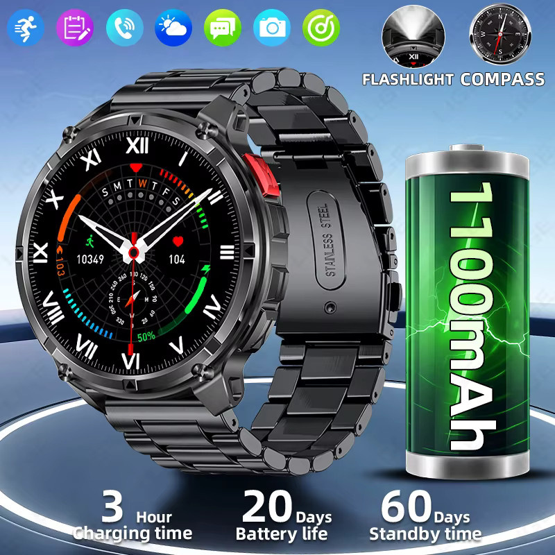 LIGE Smartwatch für Herren mit 1,7 Zoll HD-Display, 1100 mAh Akku, Kompass, LED-Licht, Sprachassistent und Bluetooth-Telefonie in Schwarz oder Blau - Bild 2