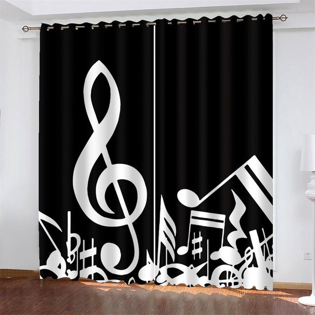 Zweiteiliges Vorhang-Set mit Musiksymbol-Aufdruck in Schwarz, halbtransparentes Polyester für Wohnzimmer und Schlafzimmer, B: 50 cm, H: 130 cm pro Paneel - Bild 1