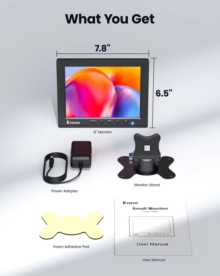 Eyoyo 8-Zoll Überwachungskamera-Monitor in Schwarz mit 1024x768 Auflösung, HDMI, VGA, BNC, AV und USB Anschlüssen sowie integrierten Lautsprechern - Bild 8