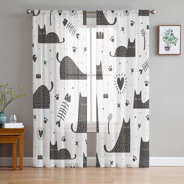 Transparentes Voile-Vorhang mit Cartoon-Tier-Katzen-Print, weißer Tüll-Fenstervorhang für Wohnzimmer und Schlafzimmer, Breite: 100 cm, Höhe: 250 cm - Bild 1