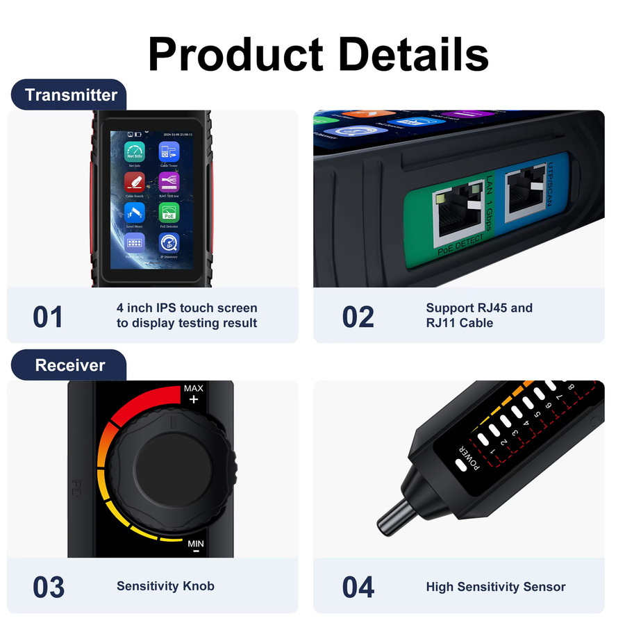 WANGLU Netzwerkkabeltester RJ45 LAN Tester Kit mit Kabeltracker und PoE Funktion, Schwarz - Bild 2