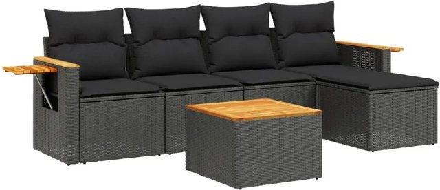 vidaXL 6-teilige Garten-Sofagarnitur in L-Form aus Polyrattan und Akazienholz mit Kissen in Schwarz - Bild 1
