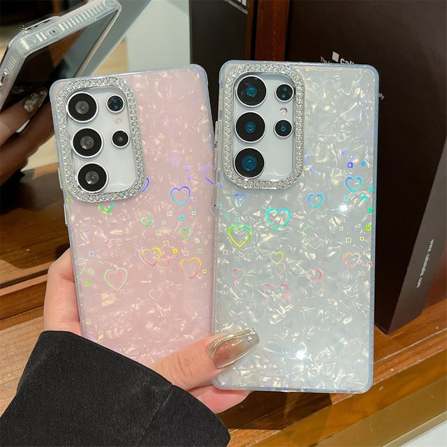 Luxus Glitter Strass Handyhülle mit Herz- und Muschelmuster für Samsung Galaxy S25 S24 FE Ultra Plus in Pink Multicolour - Bild 1