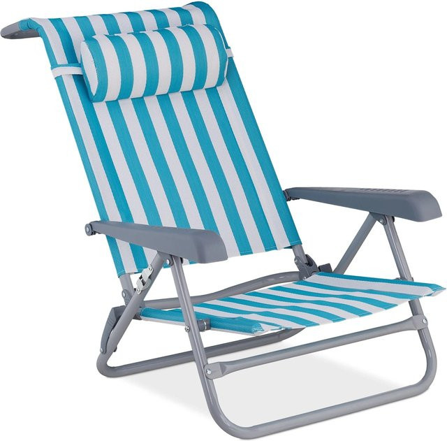 Relaxdays Liegestuhl aus Stahl und Textilene in Blau-Weiß gestreift, klappbar und 8-stufig verstellbar mit Nackenkissen, B/T/H: 59 x 38 x 112 cm - Bild 1