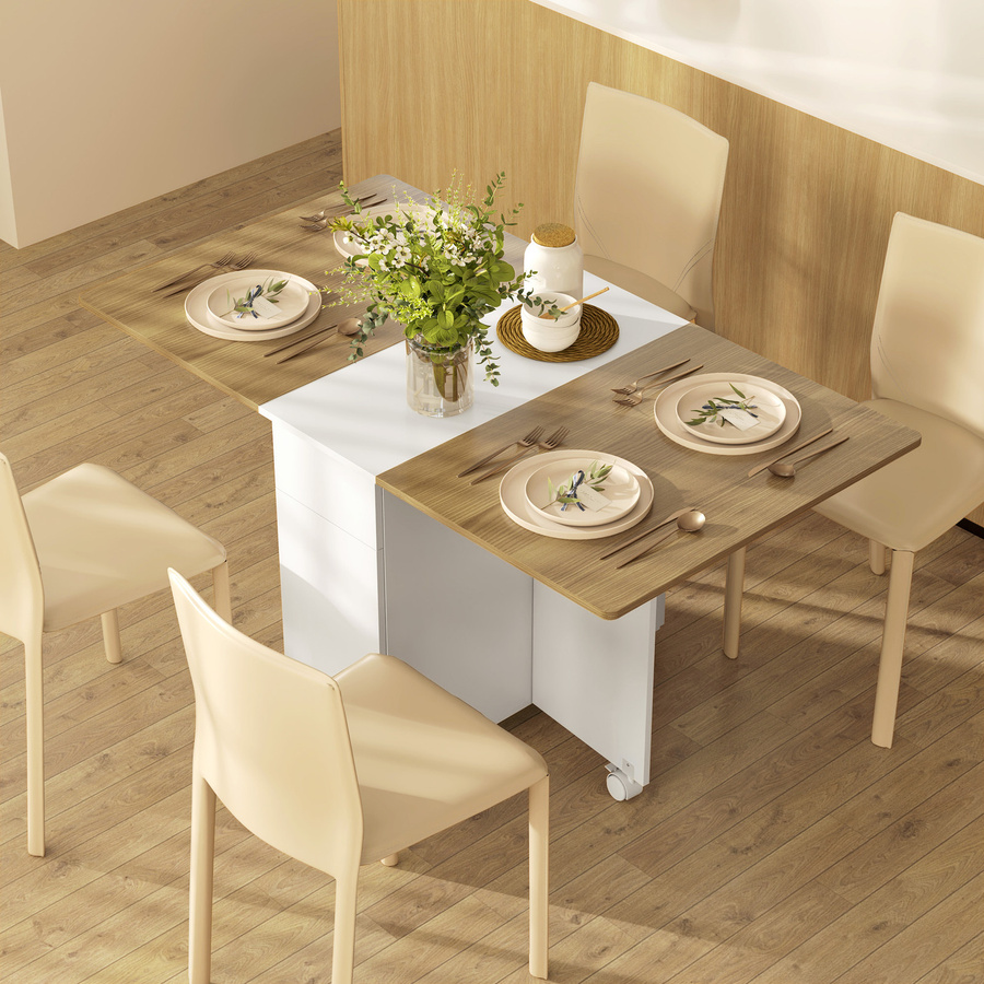 HOMCOM Klappbarer Esstisch auf Rollen, erweiterbarer Küchentisch für 2-6 Personen mit 2 Flügeln, 2 Schubladen und 2 Schränken, Weiß und Naturholz, B/T/H: 140 x 76 x 74 cm - Bild 2