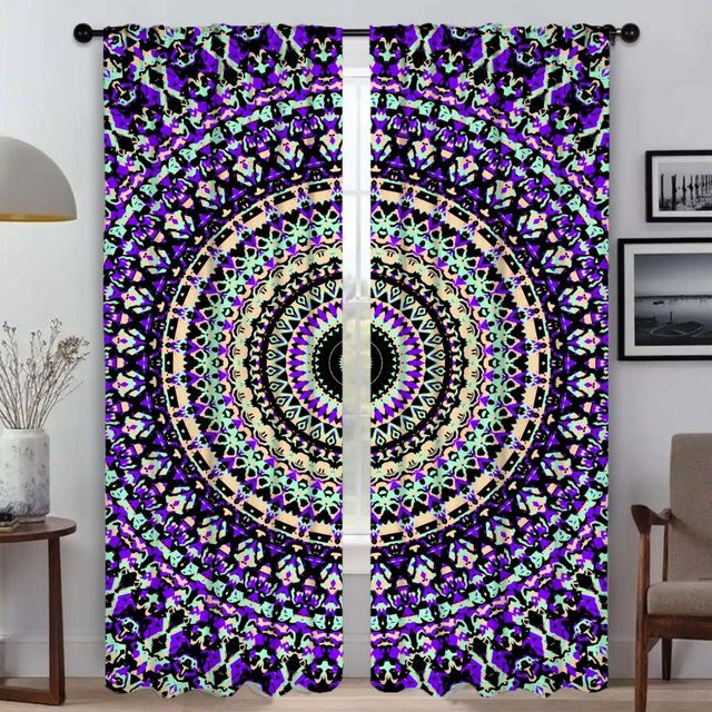 Fenstervorhang mit lebendigen Mandala-Mustern aus Tüll, 2 Paneele, Mehrfarbig, Breite: 50 cm, Höhe: 70 cm - Bild 1