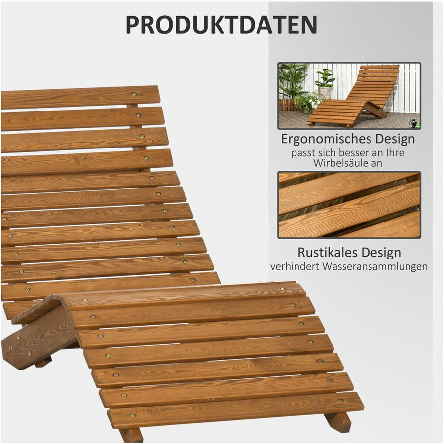Outsunny Sonnenliege aus Lärchenholz in Braun mit ergonomischem Design, B/T/H: 170 x 66 x 77 cm - Bild 4