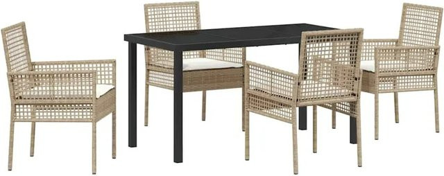 vidaXL 5-teiliges Garten Esszimmer Set aus Poly Rattan in Beige mit Kissen und rechteckigem Tisch - Bild 1