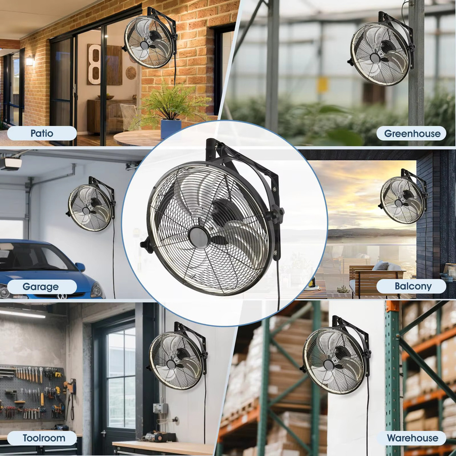 IRALAN 2-in-1 Wandventilator aus Metall mit 360° Oszillation und verstellbarer Funktion, Schwarz, Industrielles Design für Büro und Zuhause - Bild 4