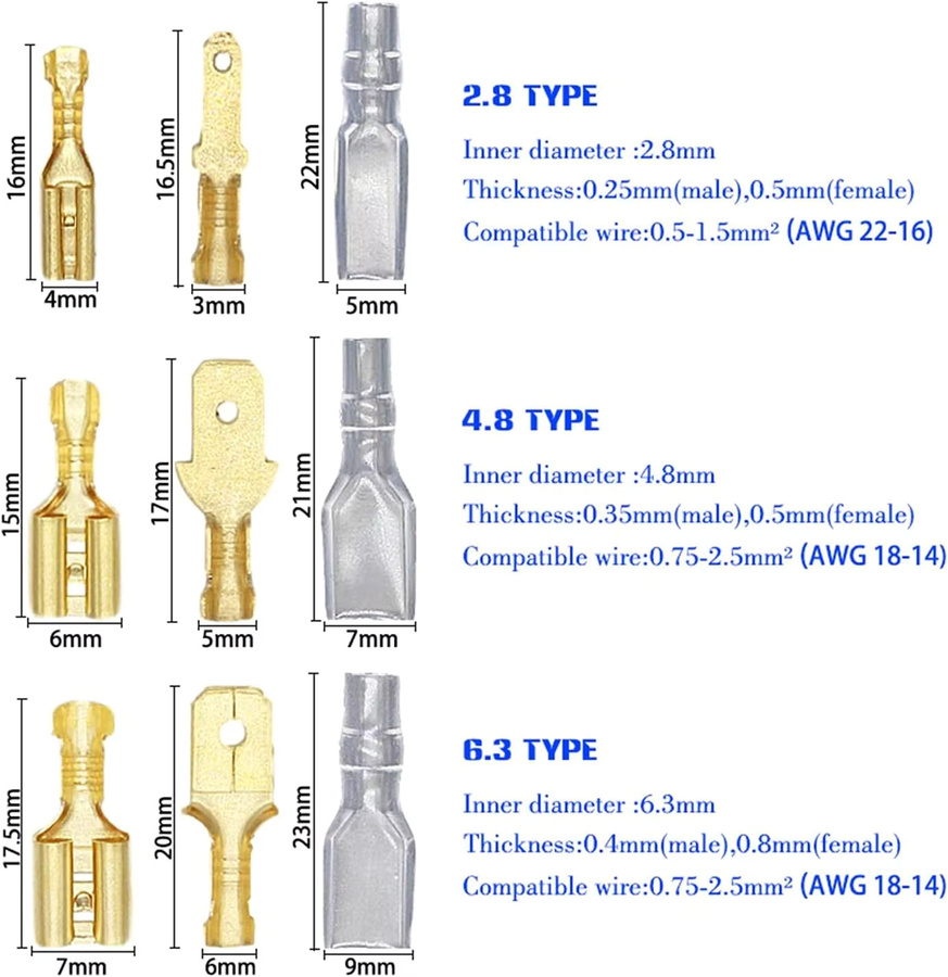 AOKIN Spatenverbinder Set mit Isolierhülsen, 600 Stück, männlich und weiblich, 2,8/4,8/6,3 mm, Gold - Bild 2