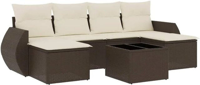 vidaXL 7-tlg Garten-Sofagarnitur in L-Form aus braunem Poly-Rattan mit cremeweißen Kissen und pulverbeschichtetem Stahlgestell - Bild 1