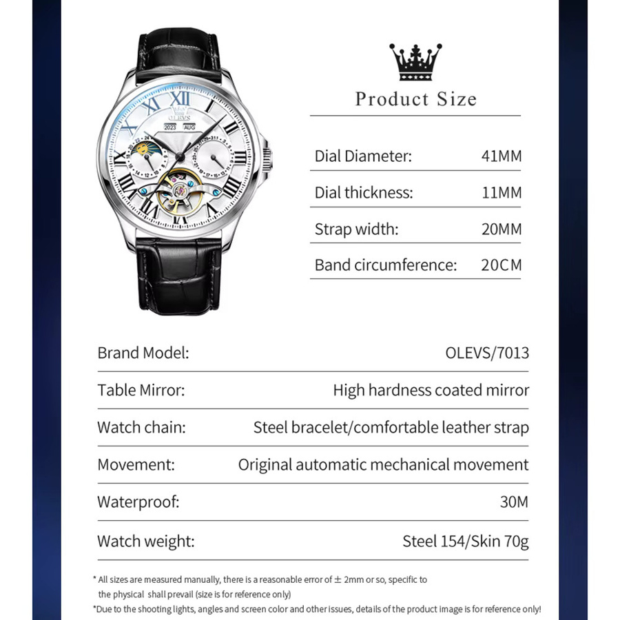 OLEVS Armbanduhr, Automatik, Mondphase, Leder, Herren, Silber - Bild 6