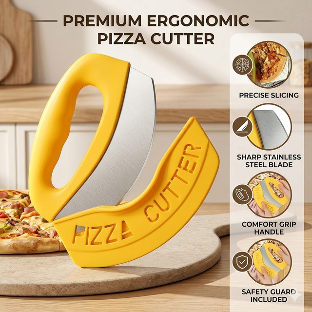 XMSJ Multifunktionaler Mezzaluna-Pizzaschneider aus Edelstahl mit Schutzhülle in Grün und Gelb - Bild 1