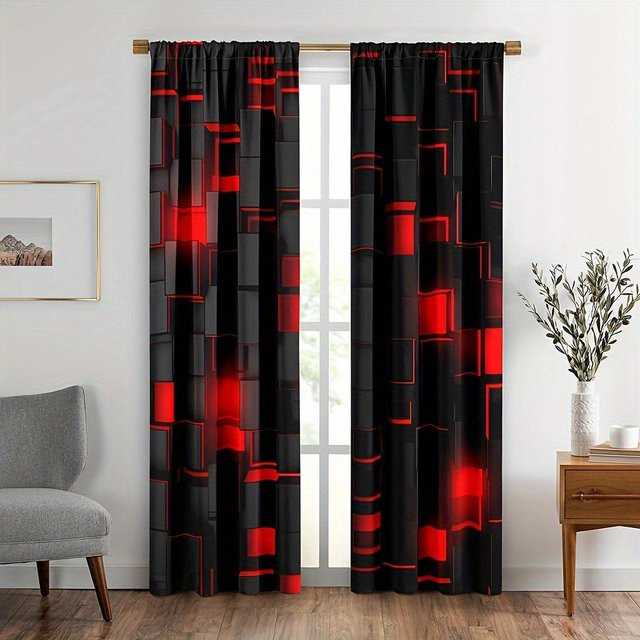 2er-Set Vorhänge mit kariertem Muster in Schwarz und Rot, halbtransparent mit Stangentaschen für Wohnzimmer und Schlafzimmer, B: 150 cm, H: 166 cm - Bild 1