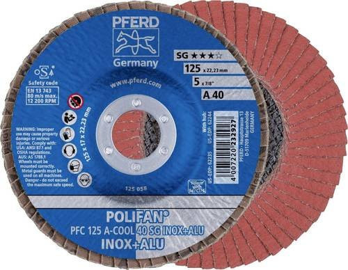 PFERD POLIFAN A-COOL Fächerschleifscheibe für Edelstahl und Aluminium, Körnung 40, Durchmesser: 125 mm, Bohrungs-Ø: 22,23 mm - Bild 1