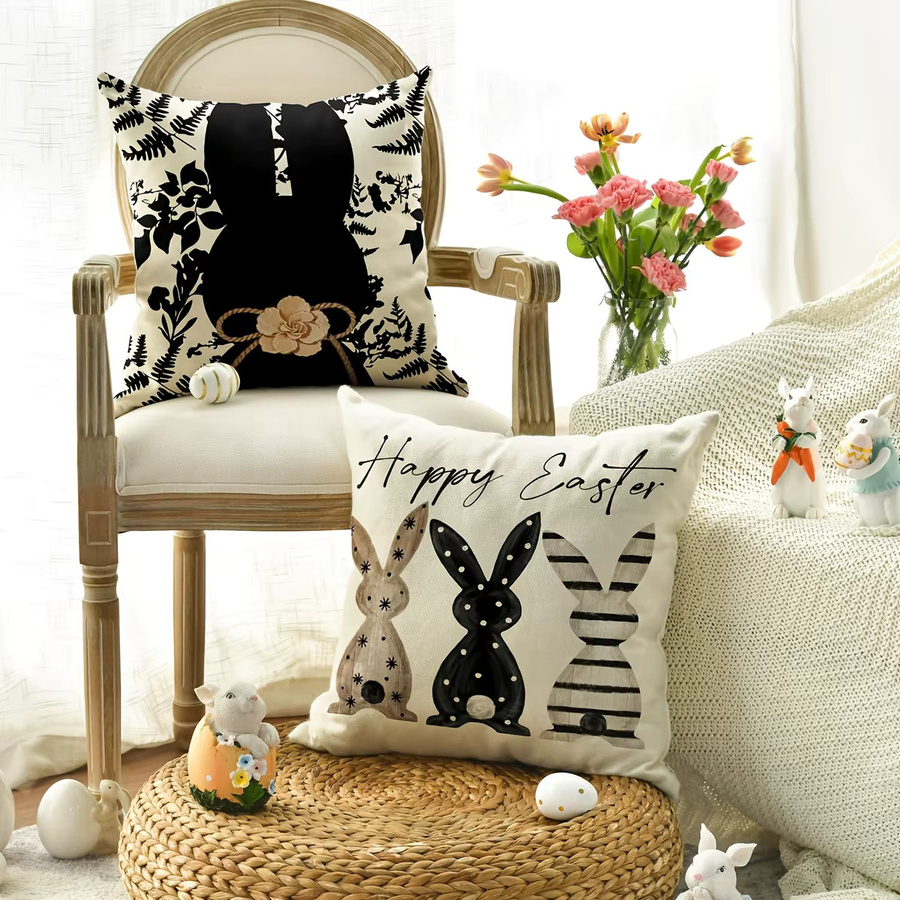 VIKAMA Osterhasen-Kissenbezug mit Blumenmuster Be Hoppy, schwarz-weiß kariert, Polyester, B/T/H: 30 x 30 x 30 cm - Bild 2