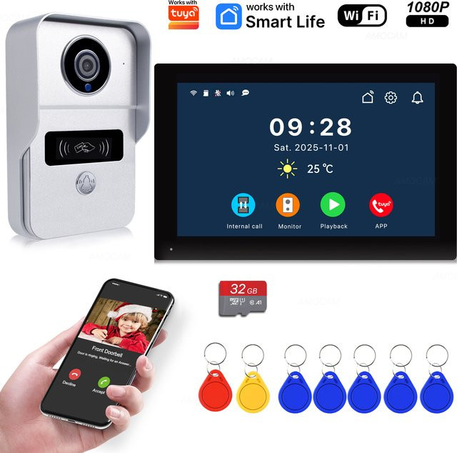 AMOCAM Drahtloses WLAN-Video-Türklingelsystem mit 1080P Kamera, 7-Zoll-Touchscreen und 32GB Speicherkarte - Bild 1