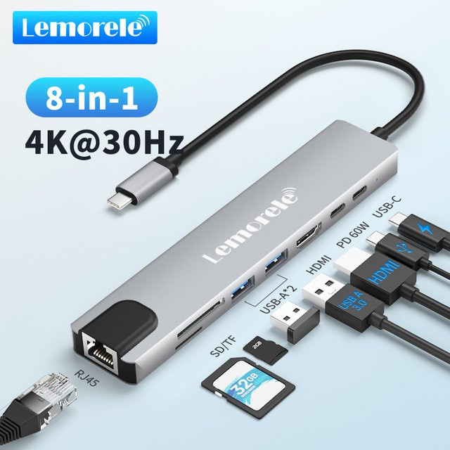 Lemorele 8-in-1 USB-C-Laptop-Dockingstation mit 4K 60 Hz HDMI, RJ45 Ethernet, SD und TF-Kartenleser für Tablet, Projektor und TV - Bild 1