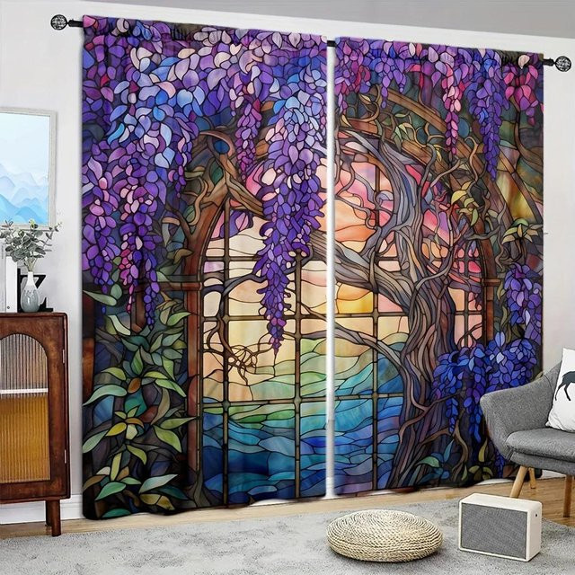 2er-Set Buntglas-Glyzinien Vorhang mit Blumenmuster in Grau und Mehrfarbig, halbtransparent, Breite: 52,5 cm, Höhe: 116 cm - Bild 1