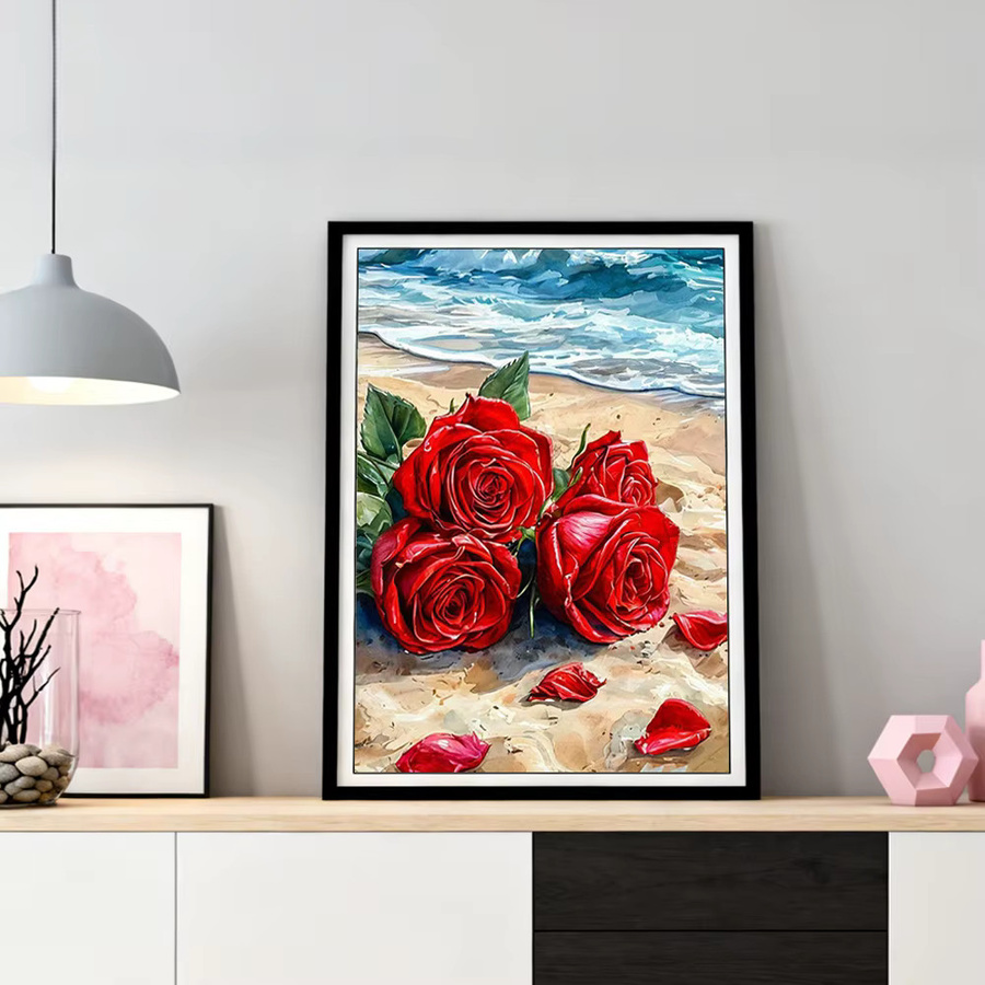 HUACAN Diamant-Kunstmalerei Rosen-Strandlandschaft als Mosaik-Bild mit runden Steinen in Multicolour, B/H: 30 x 20 cm - Bild 2
