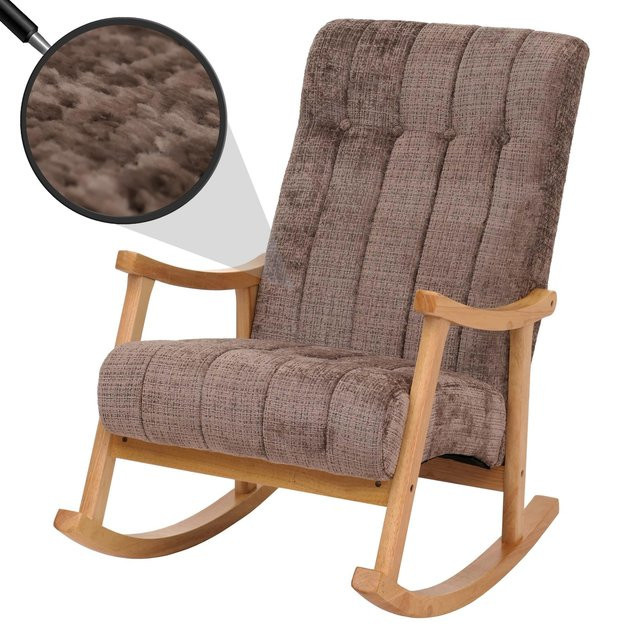 Schaukelstuhl MCW-K10 Relaxsessel aus Holz mit Chenille-Stoffbezug in Braun und Naturholz-Gestell - Bild 1