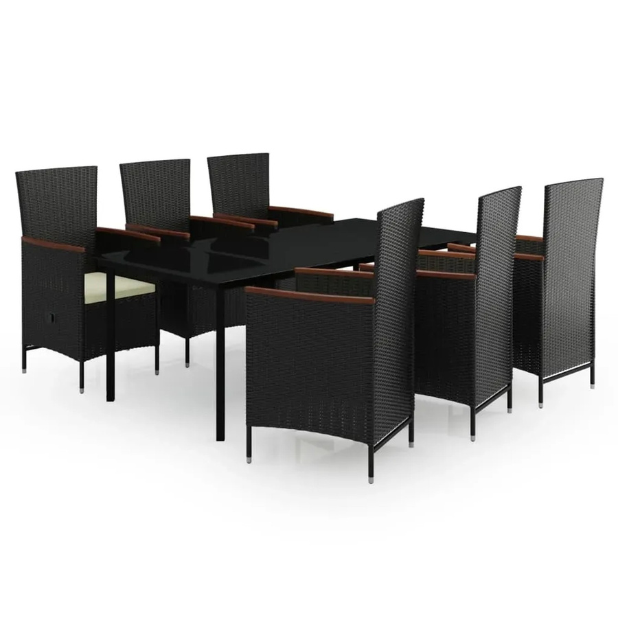 vidaXL 7-teilige Garten-Essgruppe aus PE-Rattan und Akazienholz in Schwarz mit Glasplatte und Kissen - Bild 2