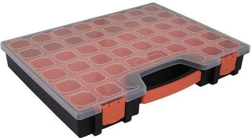 Quadrios 23SA093 Sortimentskasten mit 22 festen Fächern, Schwarz-Orange-Transparent, B: 32,5 cm, T: 42 cm, H: 6 cm - Bild 1