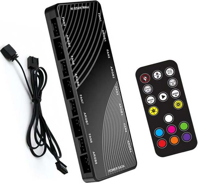 CX FUTRUE Gehäuselüfter-Hub mit Dual 8 Ports, ARGB 3-PIN und PWM 4-PIN Anschlüssen sowie Fernbedienung, Schwarz - Bild 1