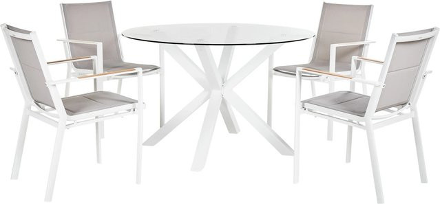 Beliani Gartentisch Set MALETTO/BUSSETO in Weiss und Grau mit heller Holzoptik und transparenter Glasplatte, B/T/H: 120 x 120 x 75 cm - Bild 1