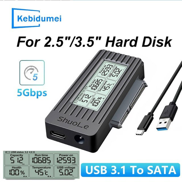 Kebidu USB 3.1 Festplattenadapter für 2,5 und 3,5 Zoll SATA/IDE HDD/SSD mit Digitalanzeige, Schwarz - Bild 1