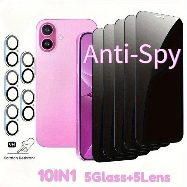 10-in-1 Sichtschutzfolie aus gehärtetem Glas für Apple iPhone 17 Pro Max 16e 15 14 13 12 Pro 11 Display- und Kameraobjektivschutz in Transparent - Bild 1
