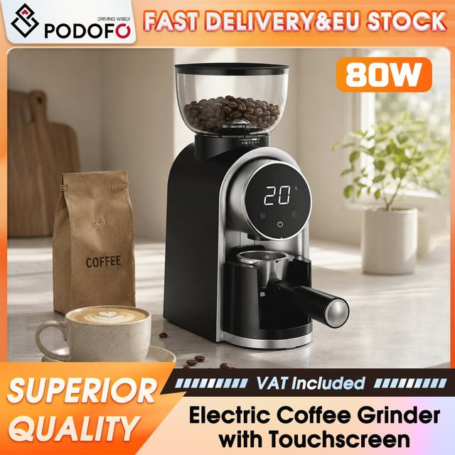 Podofo Elektro-Kaffeemühle mit Touchscreen, Schwarz, 25 Mahlstufen, 250g Bohnenbehälter und 160g Pulverbehälter - Bild 1