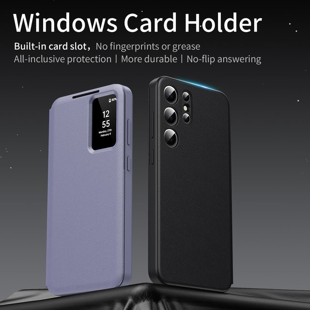 Intelligente Lederhülle für Samsung Galaxy S26 S25 S24 S23 S22 Ultra Plus FE Edge in Schwarz mit Touch-Fenster und Sichtschutz-Funktion - Bild 1