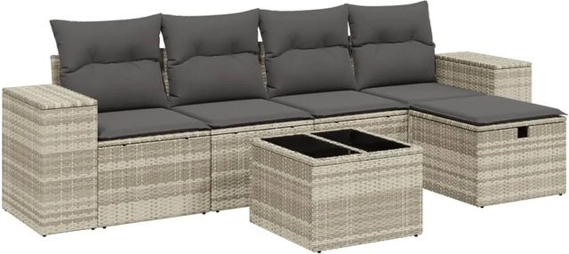 vidaXL 6-teilige Garten-Sofagarnitur in L-Form mit Kissen und Polyrattan in Grau - Bild 1
