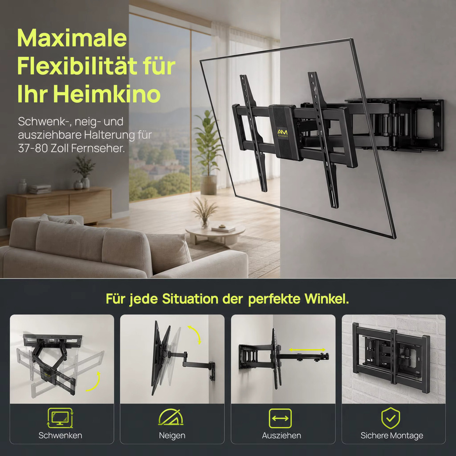 Alphamount Universal TV Wandhalterung schwenkbar und neigbar für 37-80 Zoll Fernseher bis 45 kg in Schwarz - Bild 5