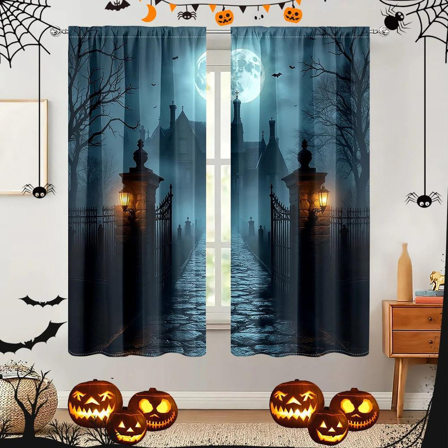 Yiran Furniture Halloween Vorhänge im Gothic-Stil mit Schloss-Nachtszene, 2er-Set, halbtransparent, B: 35 cm, H: 100 cm - Bild 3