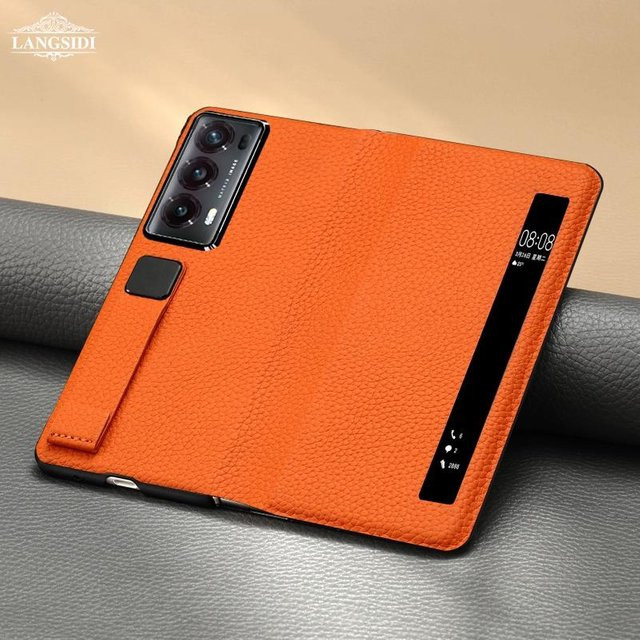 LANGSIDI Smart Flip Case für Honor Magic V3 aus echtem Leder mit magnetischem Ständer und Handgelenkschlaufe in Orange - Bild 1