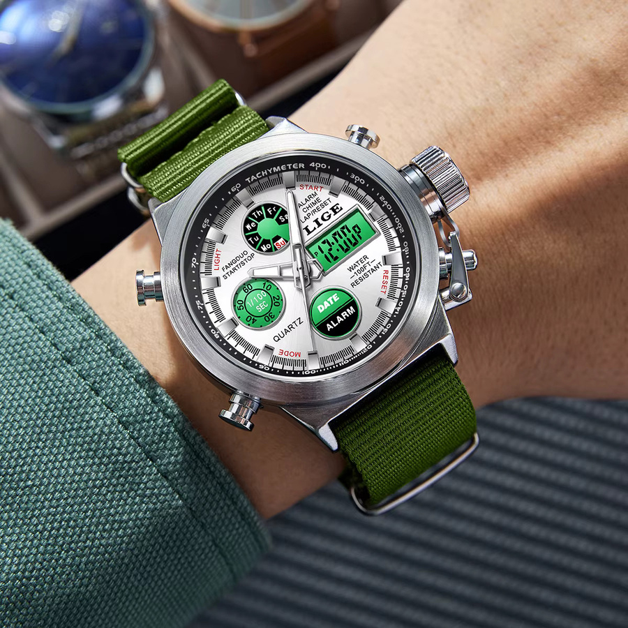 LIGE Armbanduhr, Quarz, Digitaluhr, Schwarz, Textil/NATO, Herren - Bild 3
