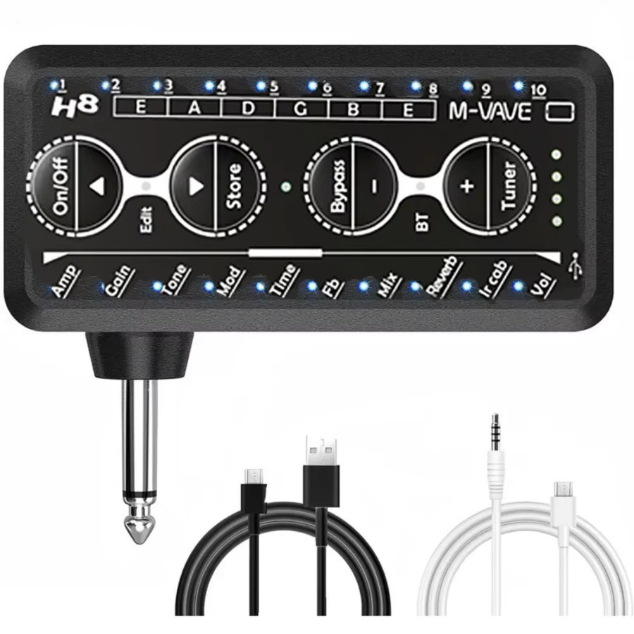 M-VAVE H8 Gitarren-Plug-Amp PA-1 Mini-Verstärker in Schwarz für Akustik-, E-Gitarre und Bass mit Delay-Effekt und Kopfhörer- sowie Lautsprecher-Anschluss - Bild 3