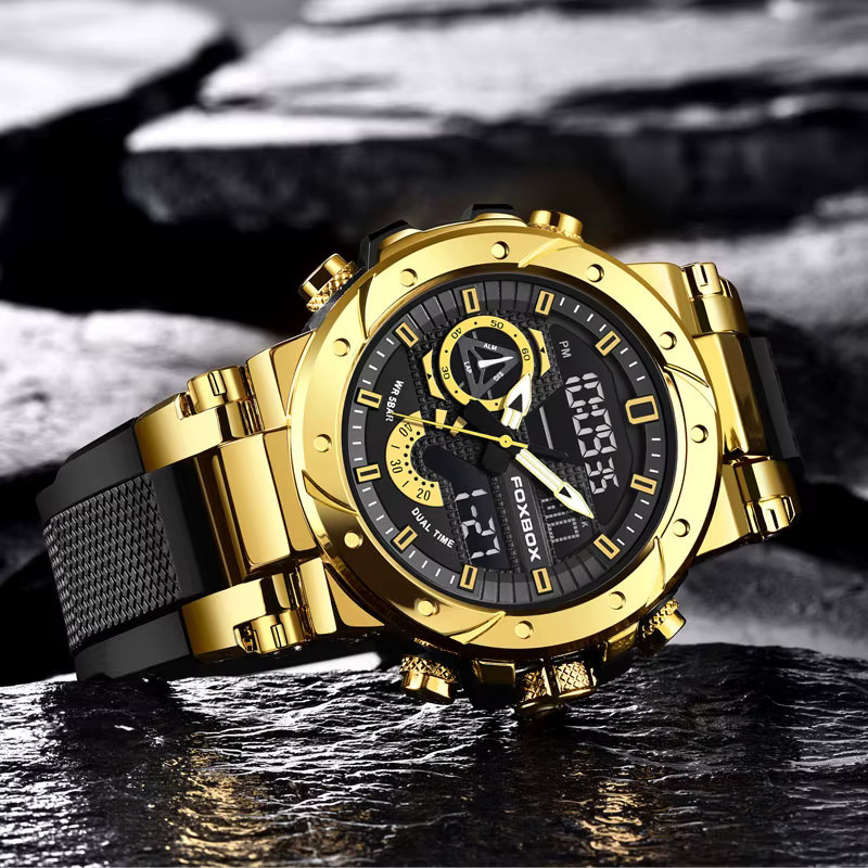 FOXBOX Armbanduhr Chronograph, Quarz, Leder, Herren, Schwarz, Gold - Bild 2